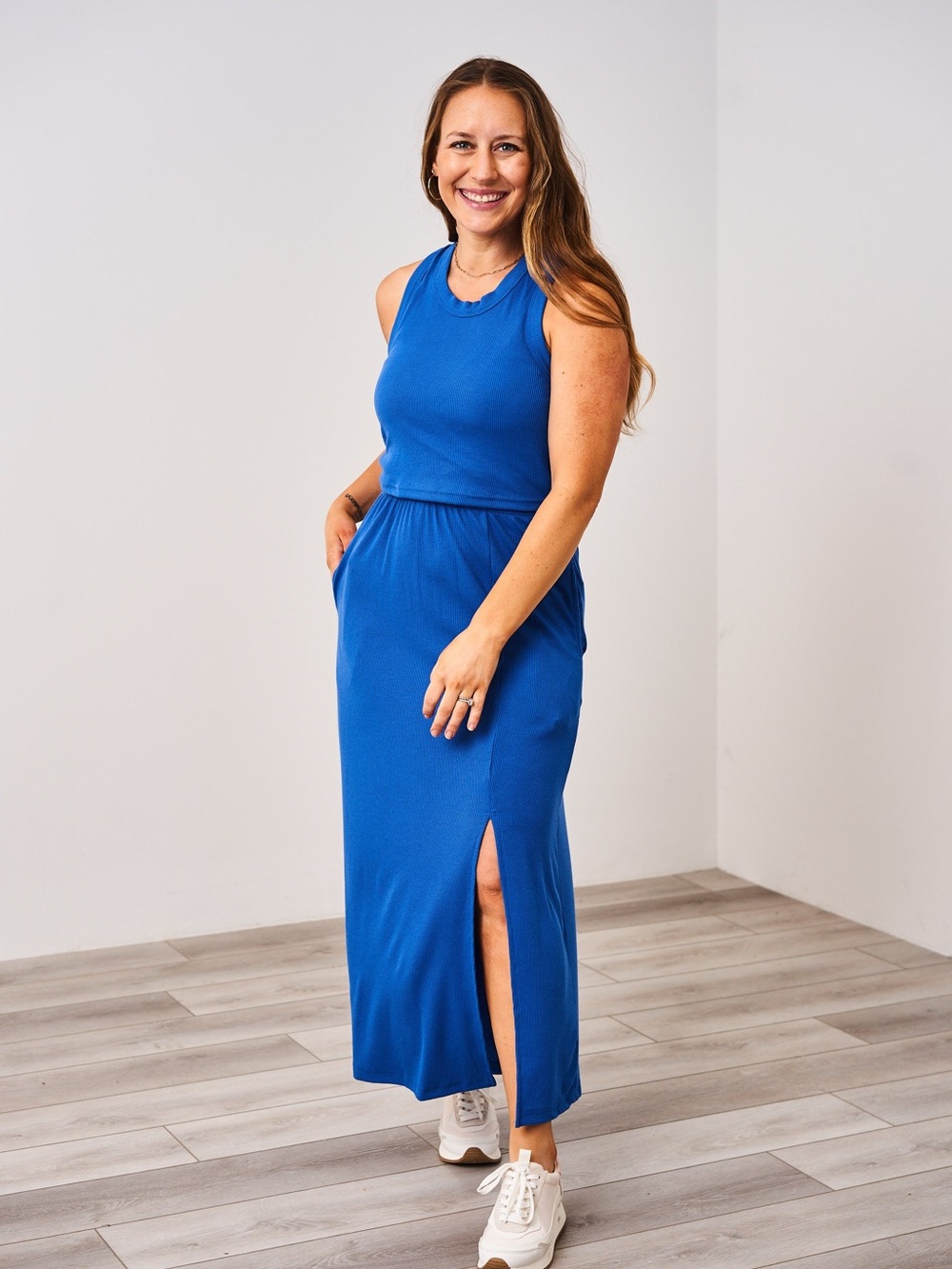 NWT Latched Mama Large Blue Ribbed Nursing Breastfeeding Maxi Dress Pockets